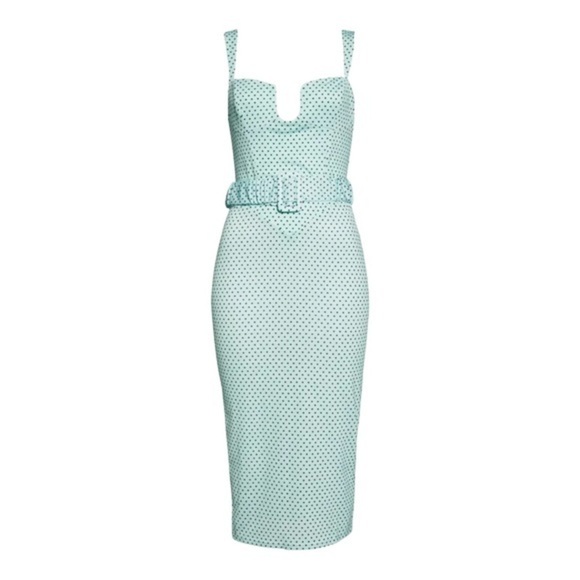 ASOS DESIGN CAMI CUPPED MIDI DRESS WITH RUCHED BELT IN MINT & BLACK DOT NWT - Picture 3 of 8